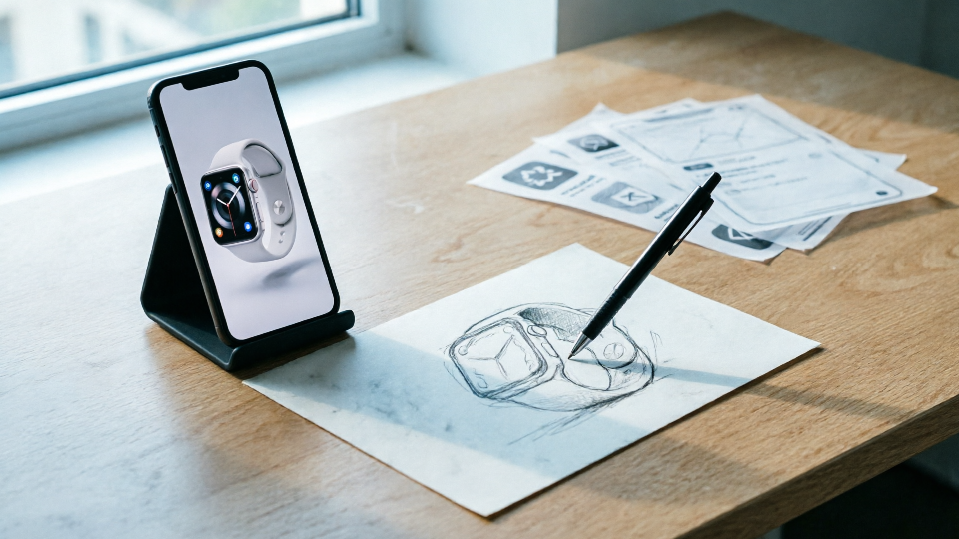 Workspace showing sketch-to-motion workflow with phone preview