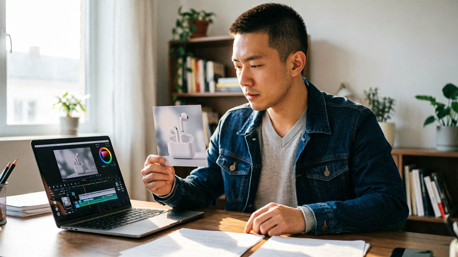 Creator reviewing product thumbnail on laptop in warm light