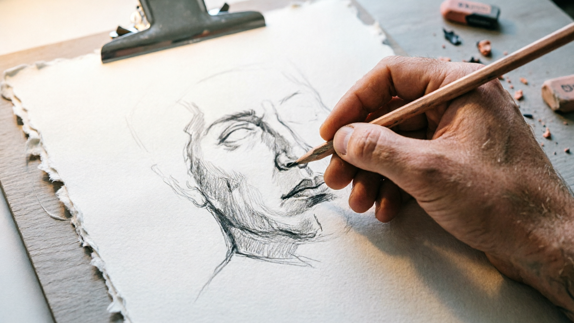 Artist hand revealing pencil strokes while camera dollies out, vertical social framing