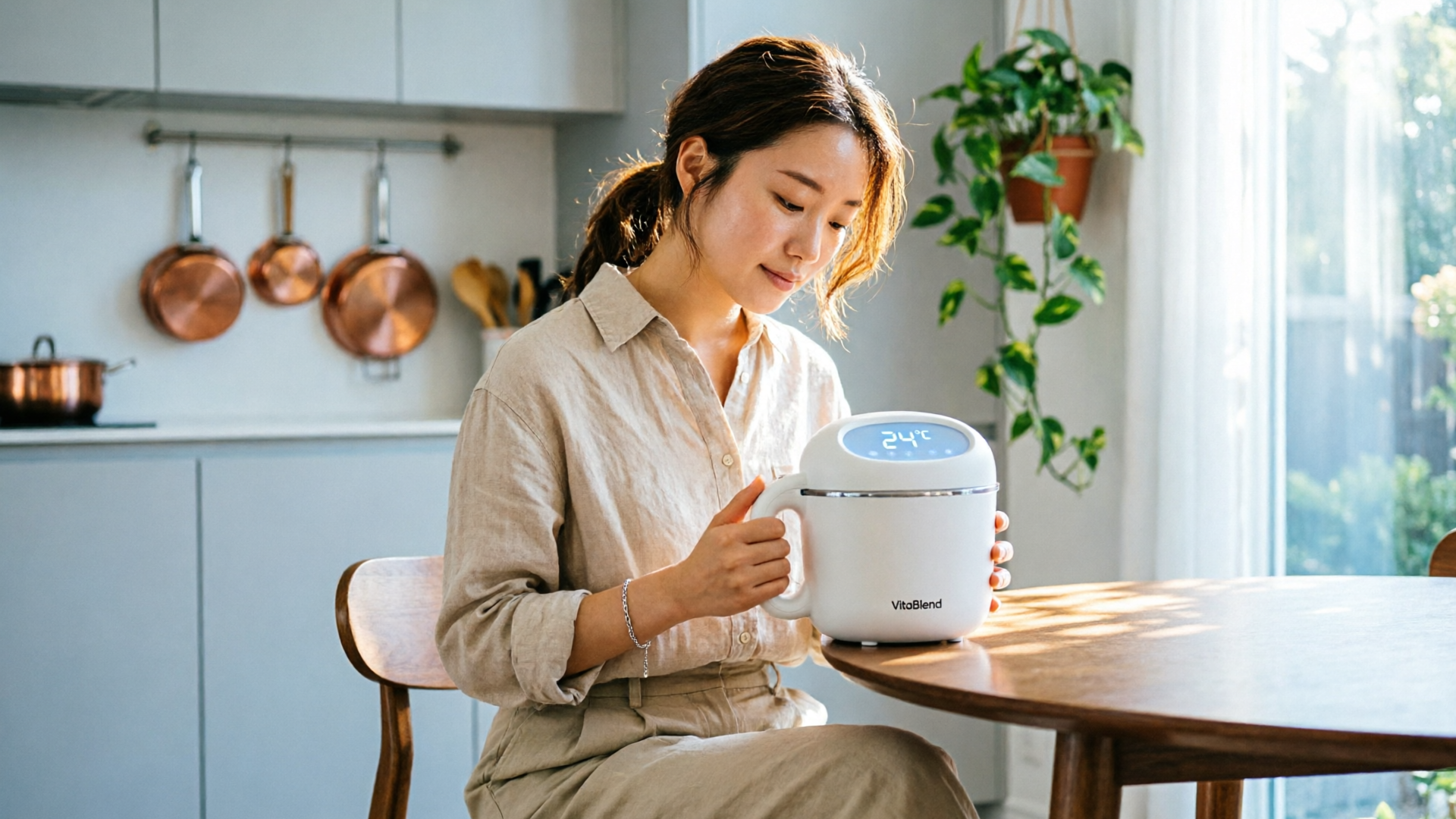 Lifestyle image of a model using the product at a kitchen table in morning light