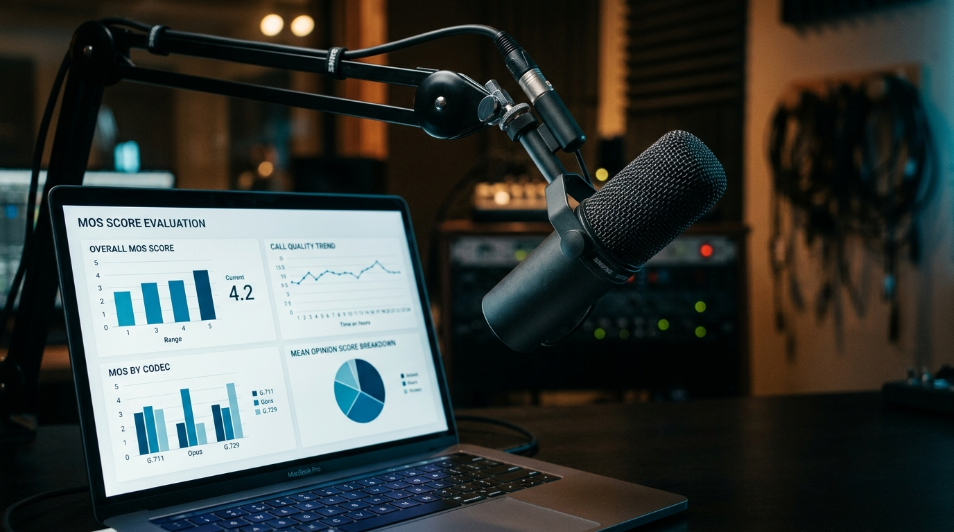 Microphone and laptop displaying MOS score charts.