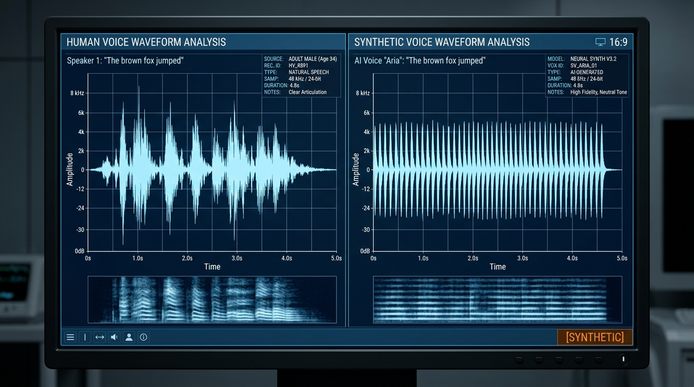 Split-screen waveform comparing human and synthetic voice with watermark indicator.