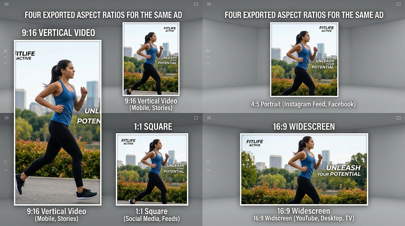 Four aspect ratio exports of one ad side-by-side
