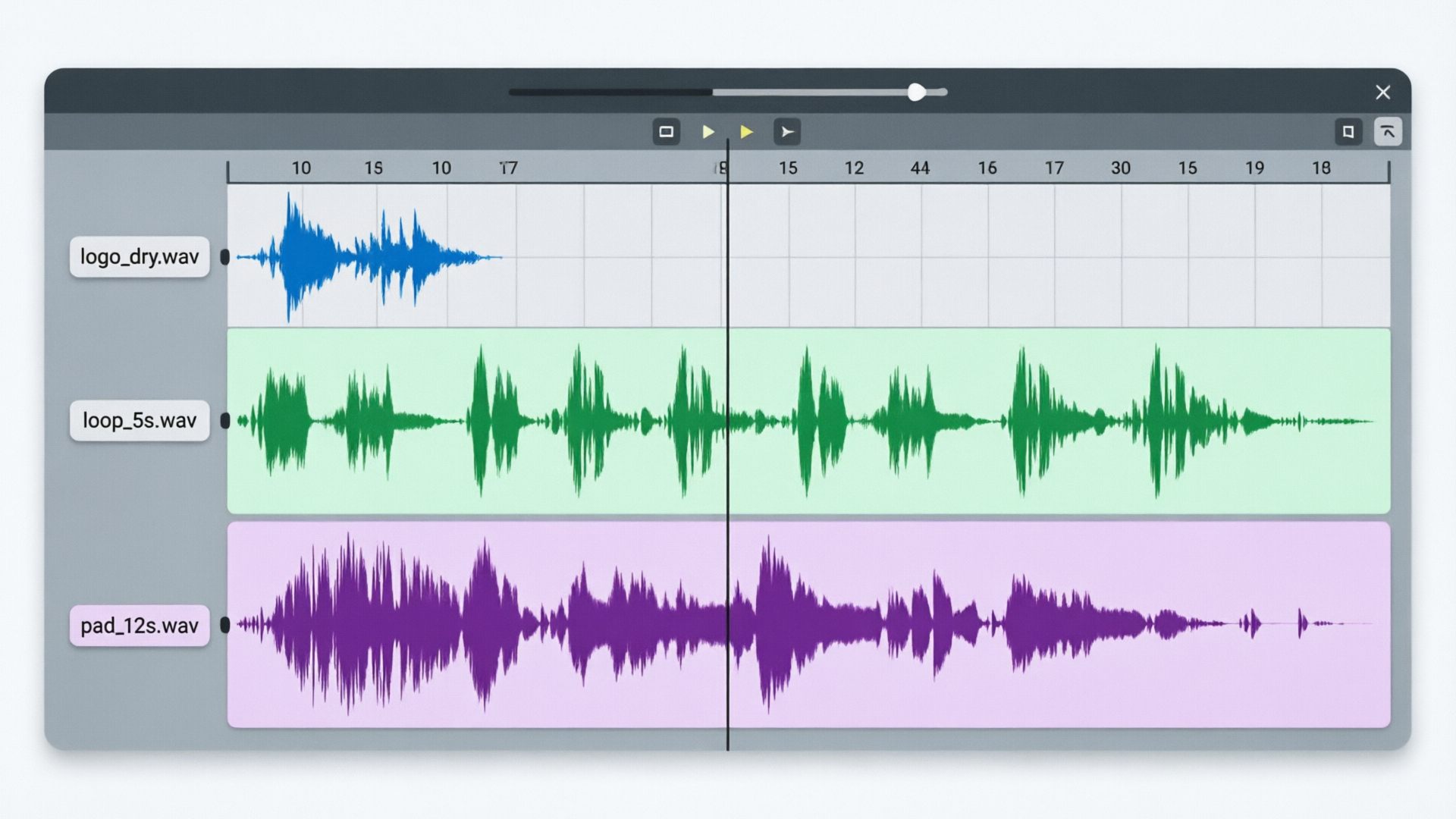 Video editor timeline with labeled audio stems