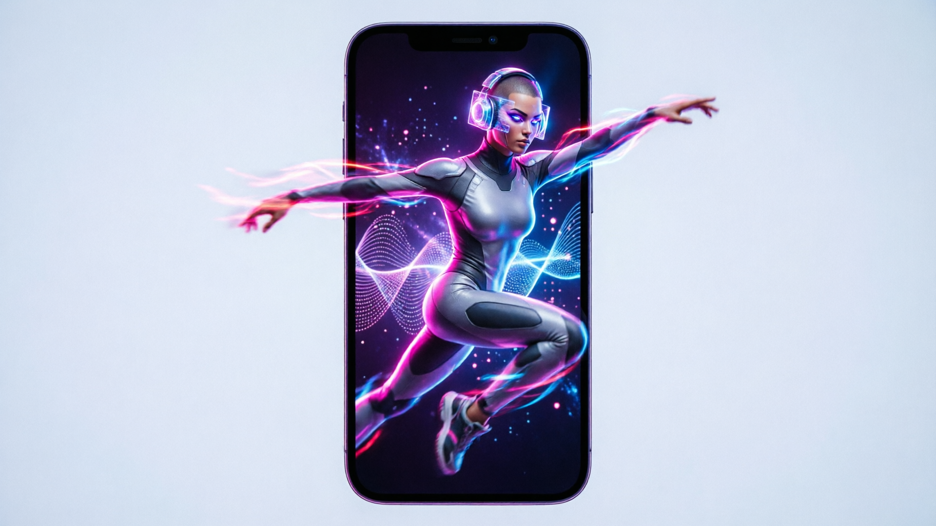Vertical frame of an AI-generated avatar dancing with neon rim lighting