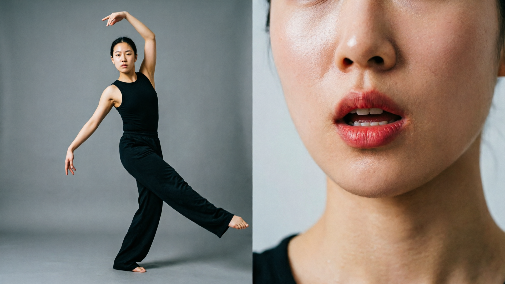 Split vertical showing dance pose and lipsync close-up side-by-side