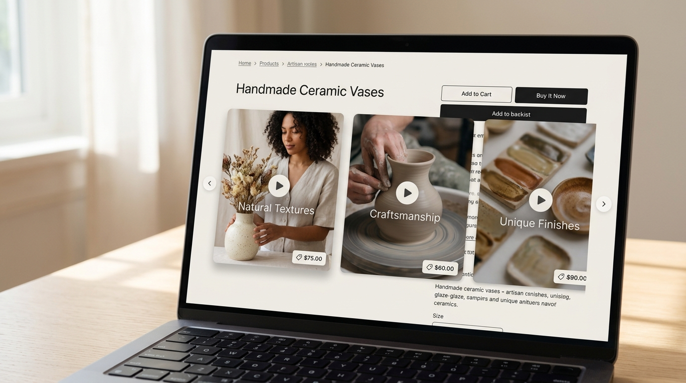 Swipeable video carousel on a Shopify page showing three video cards