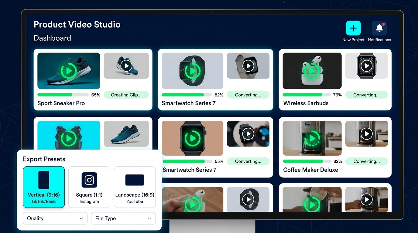 Dashboard showing batch conversion of images to videos with export presets