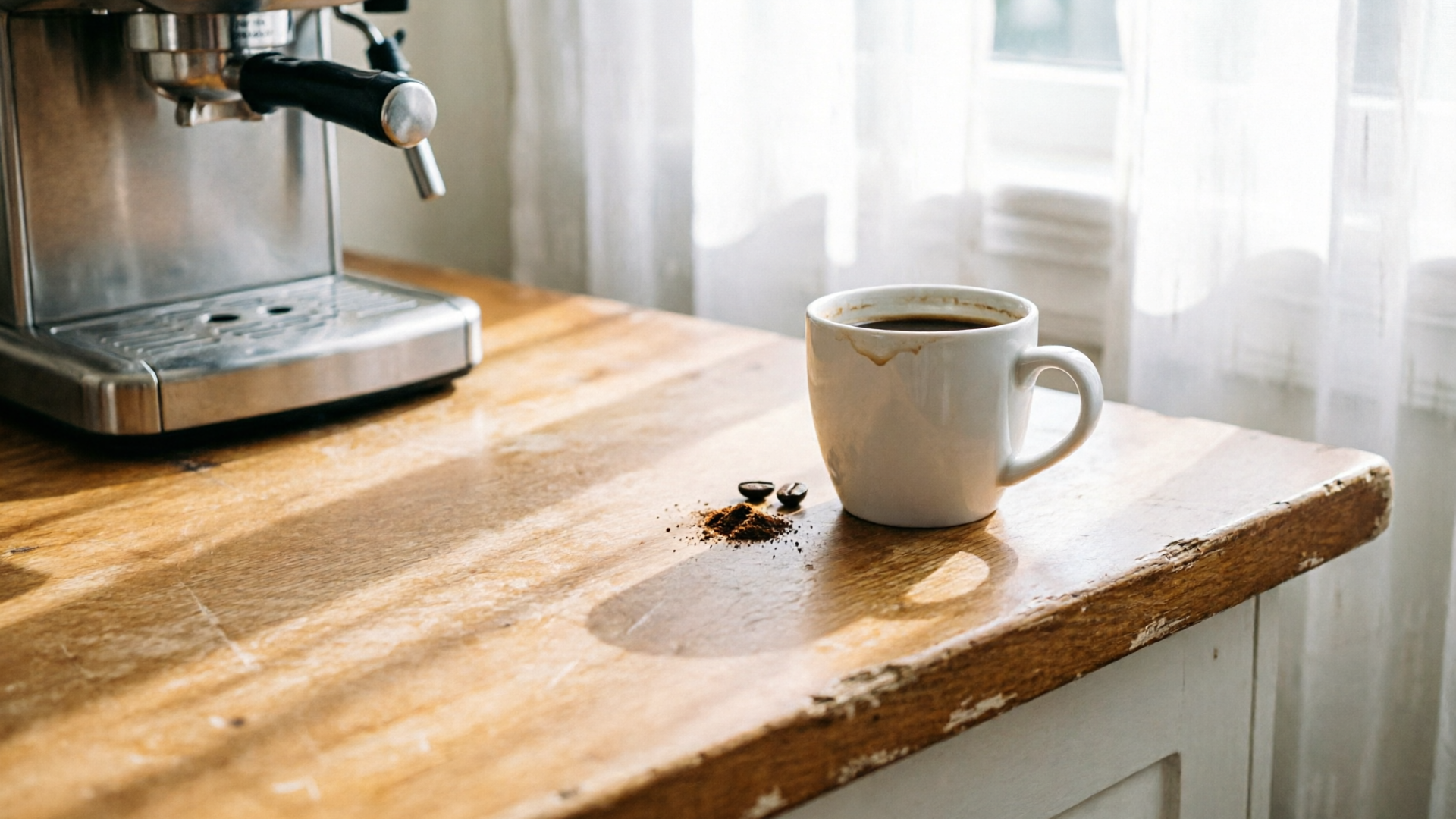 Product composited into a warm kitchen countertop scene