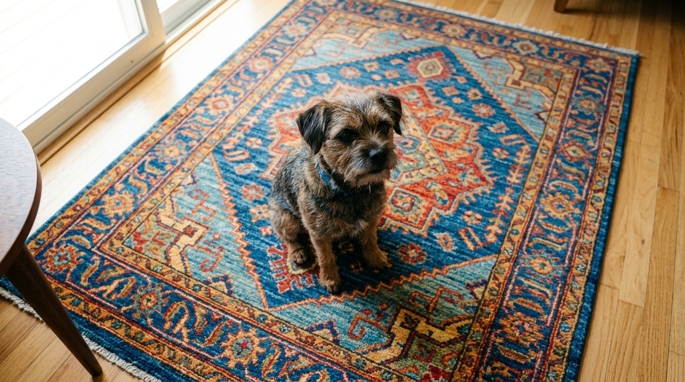 Top-down terrier on colorful rug