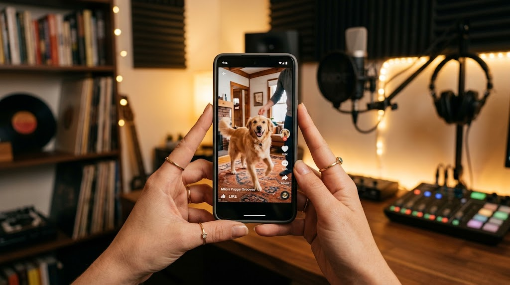 Phone showing a vertical pet dance video