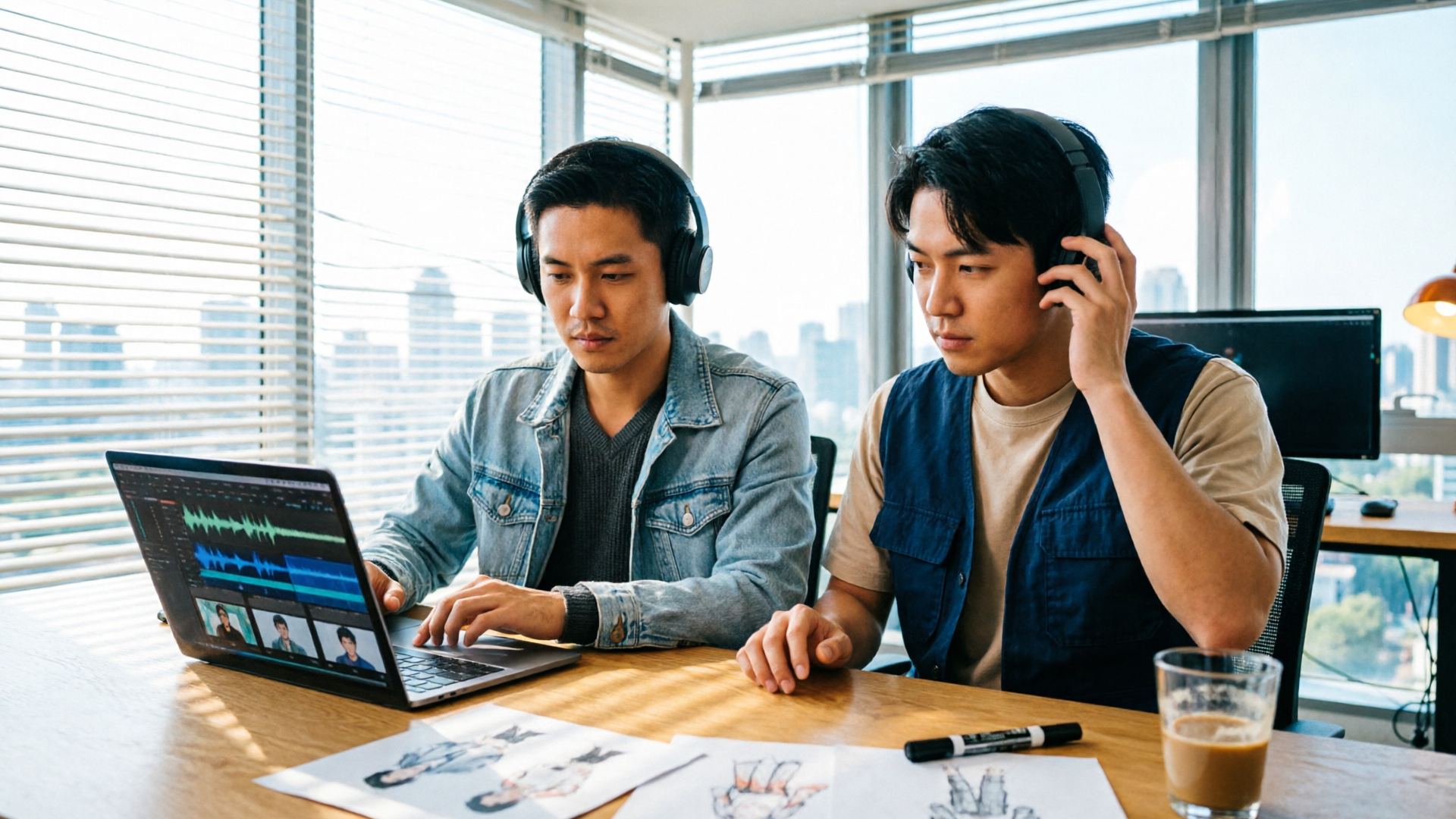 Animators testing character voices on headphones