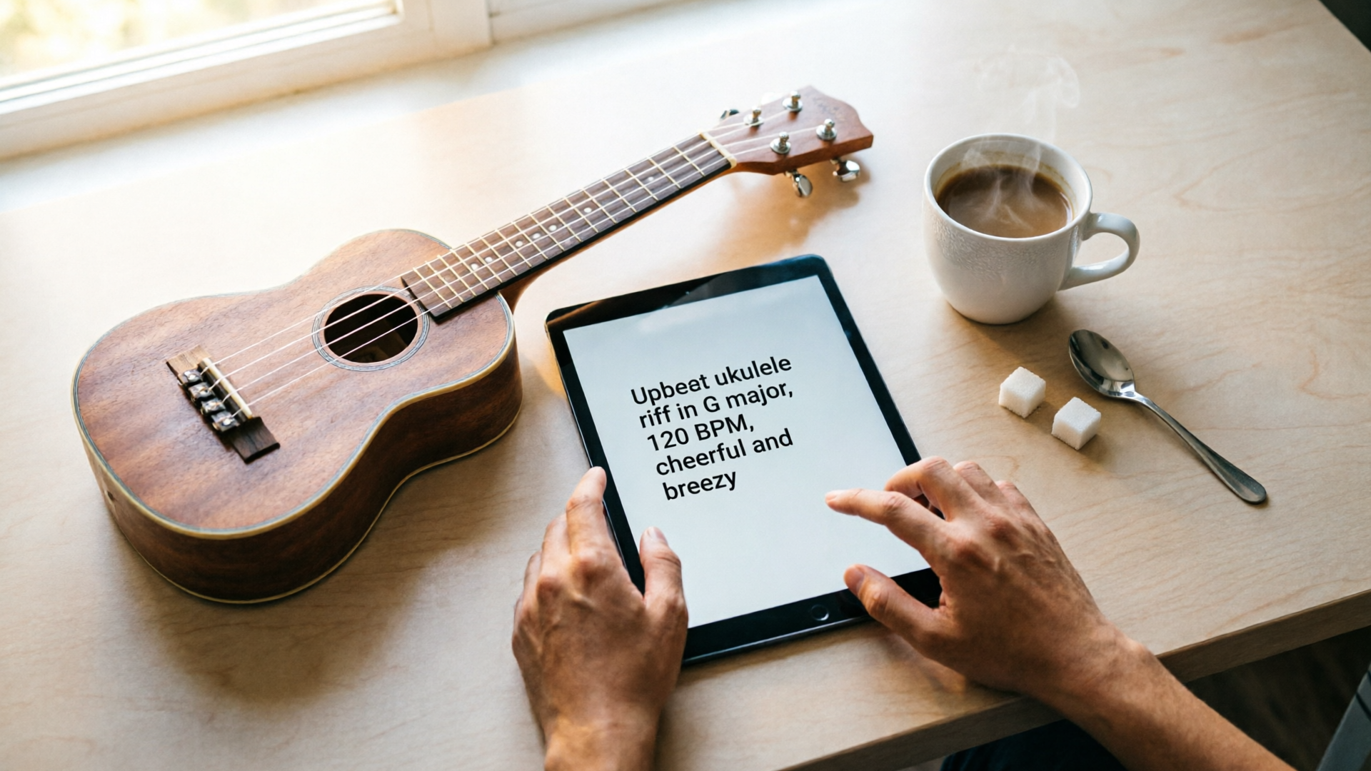 Typing a concise AI music prompt at a workspace
