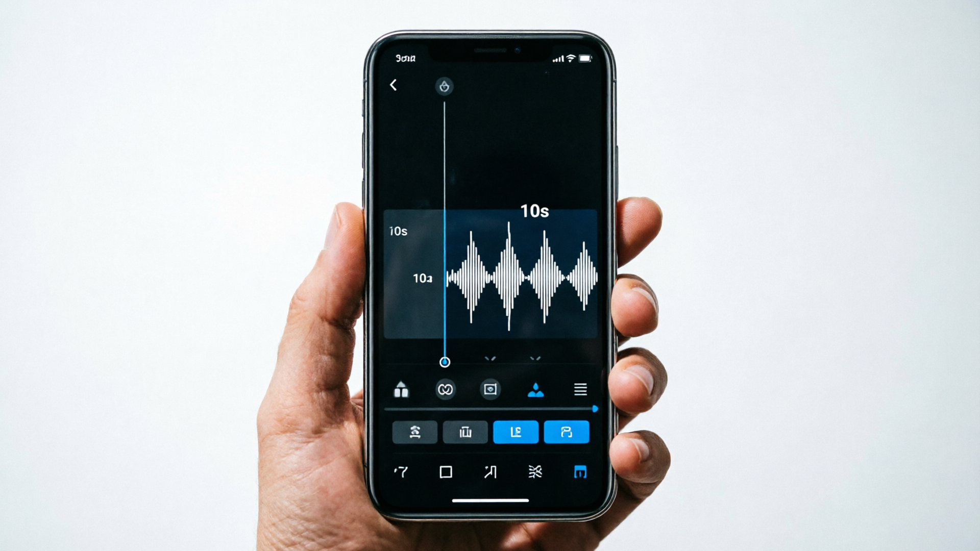 Smartphone showing a 10s jingle waveform in an editing app