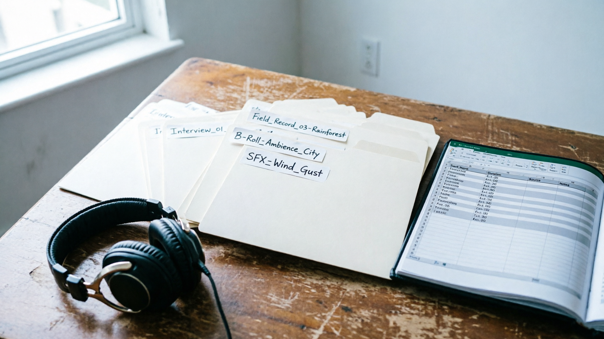 Labeled audio files and spreadsheet on desk with headphones