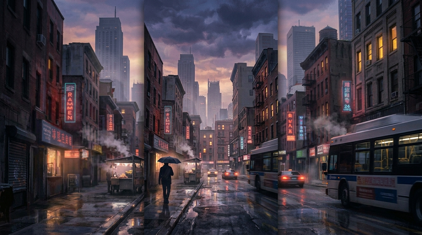 Moody urban concept art with parallax motion