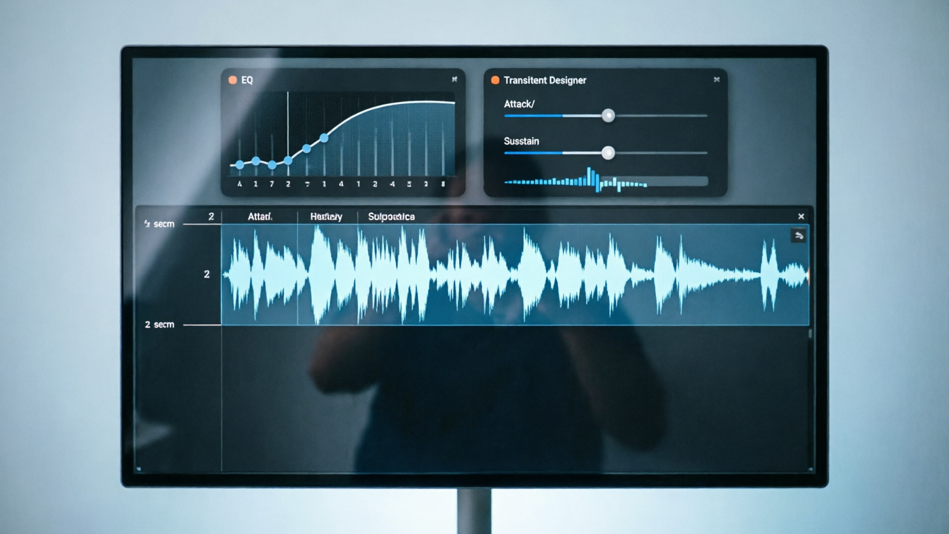 DAW timeline with 2–4s vocal clip and EQ plugin visible