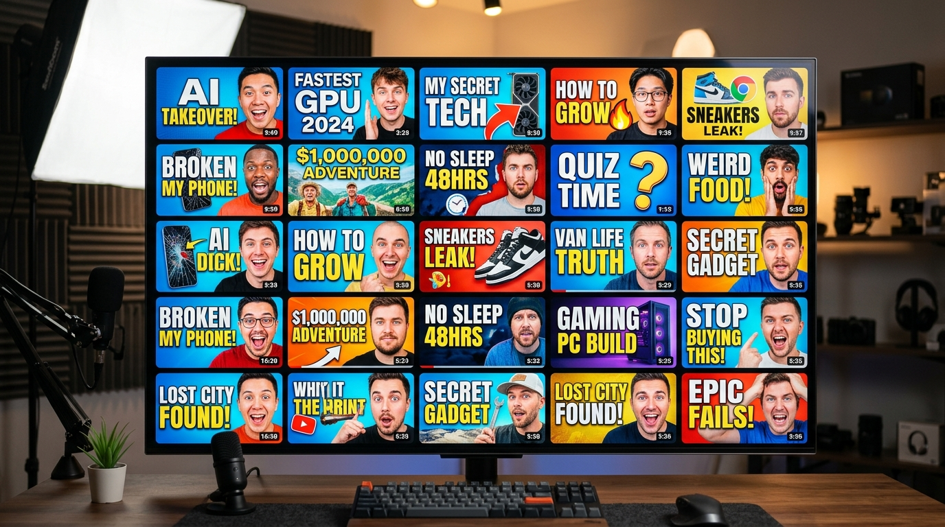 thirty varied thumbnails displayed on a monitor