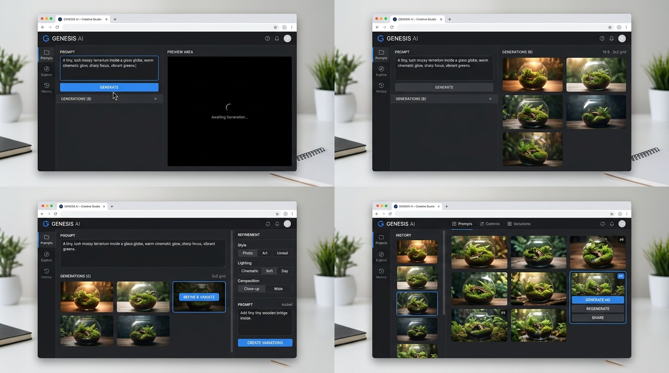 AI image generator UI showing thumbnail variations
