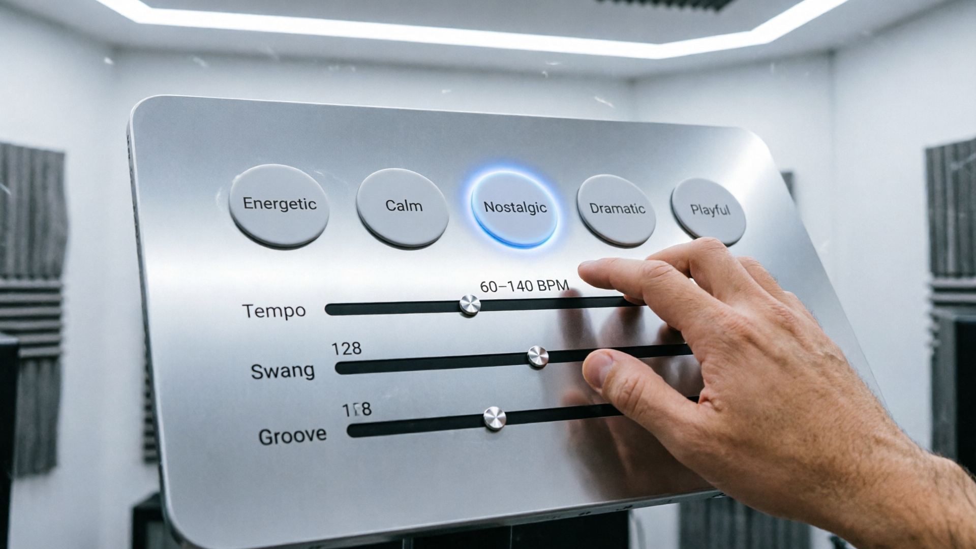 Hand adjusting tempo slider on music UI