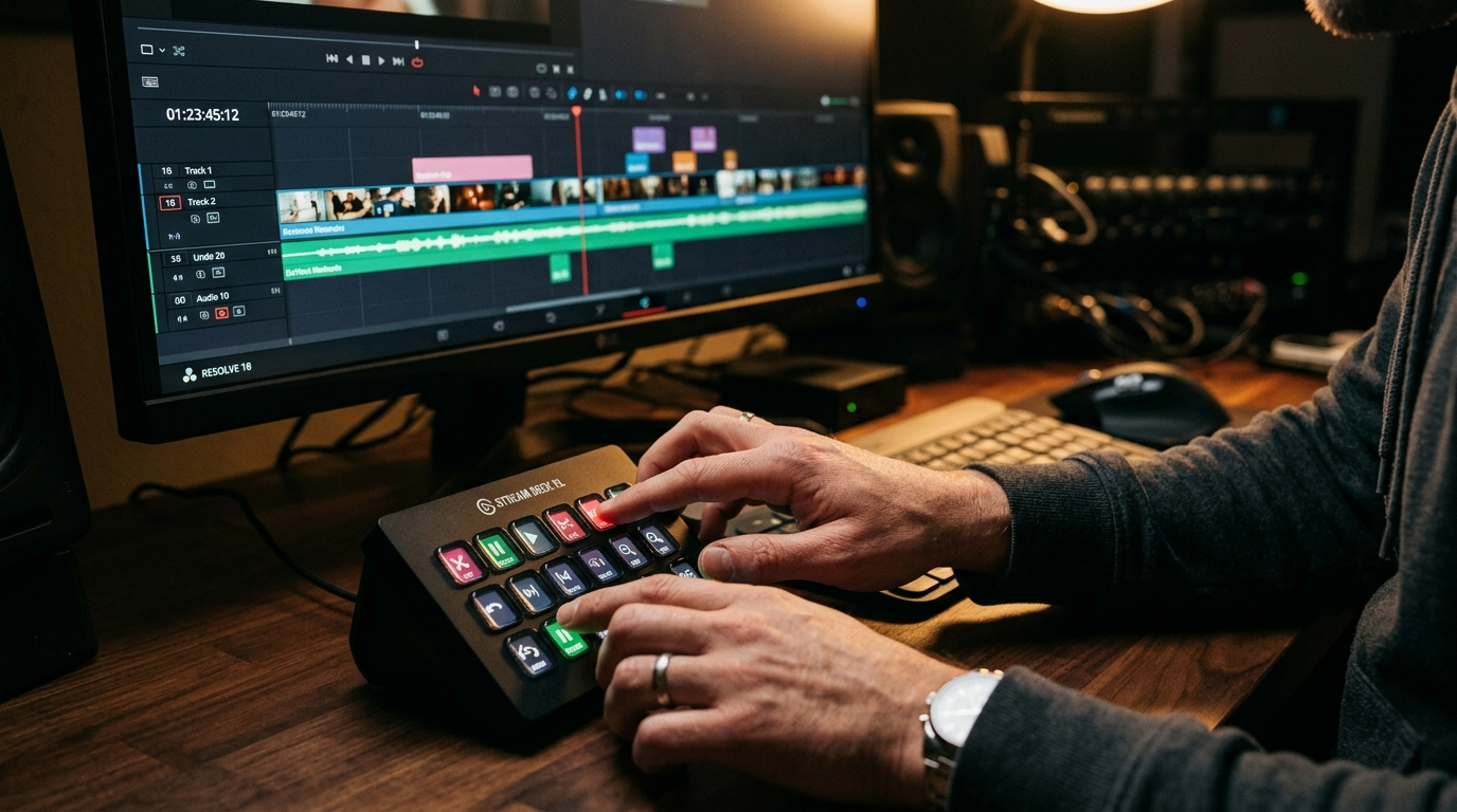 Hands pressing Stream Deck beside a playing timeline