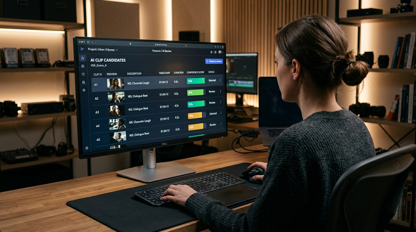 Editor reviewing AI-generated clip candidates with scores