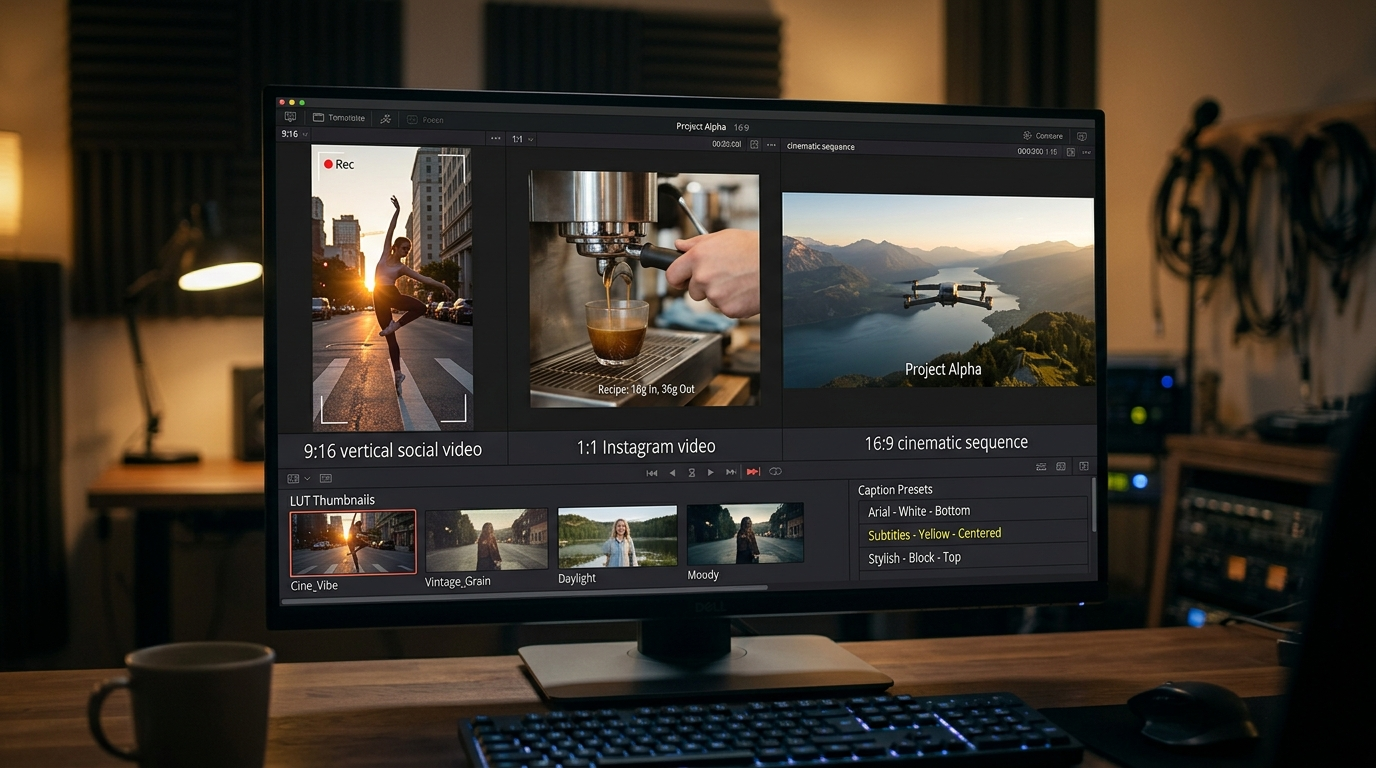 Monitor showing multiple aspect ratio sequences and LUT thumbnails