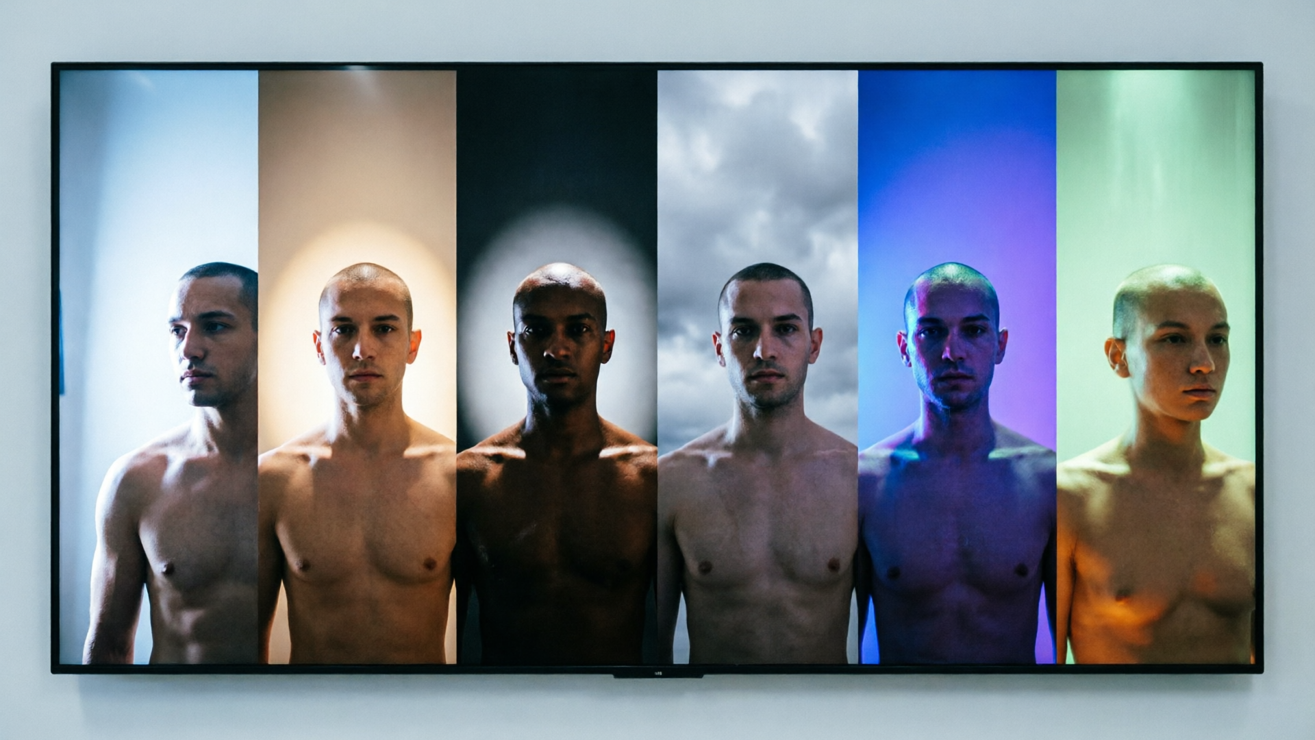 Six concept frames displayed side-by-side on a screen, demonstrating varied lighting with consistent composition