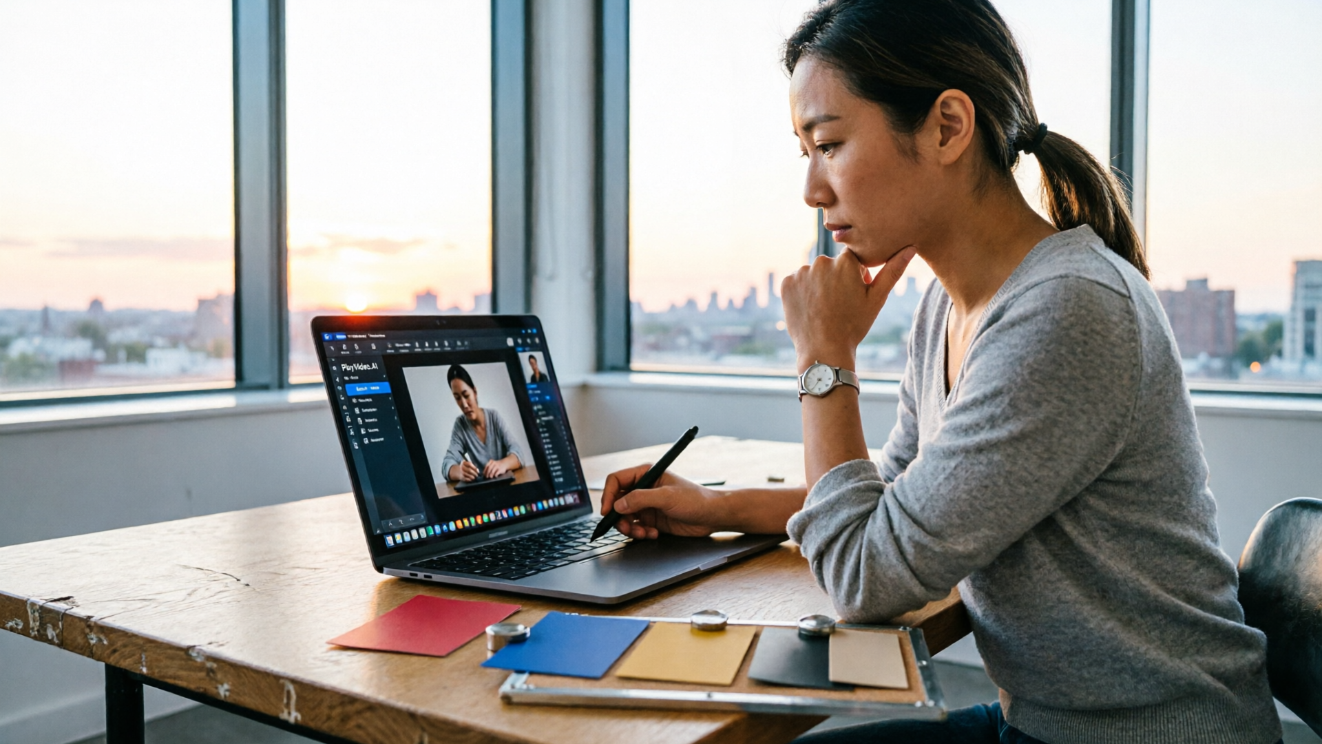 Person editing an image on a laptop with moodboard and color swatches visible