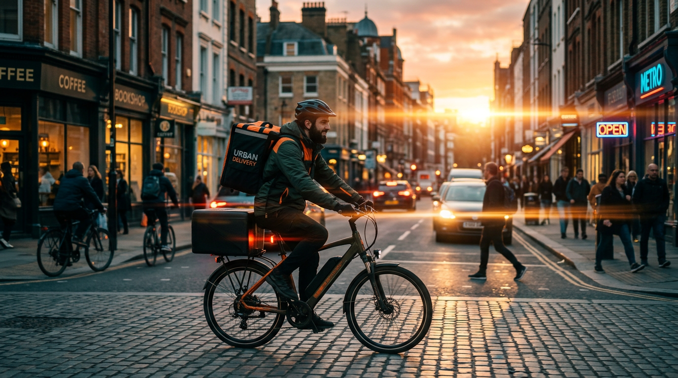 AI-generated city street at golden hour with courier subject