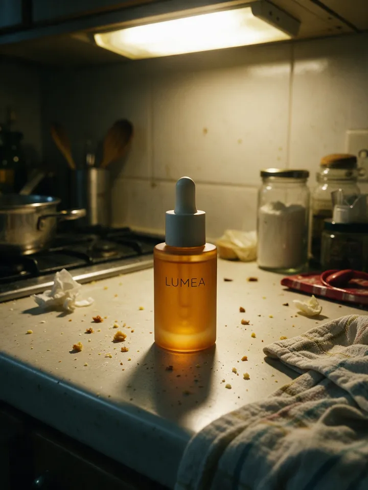 Phone snapshot of a Lumea bottle on a cluttered kitchen counter