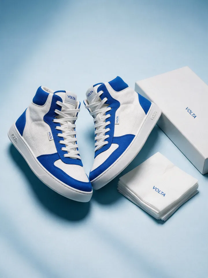 Overhead flat-lay of Volta high-tops and their box