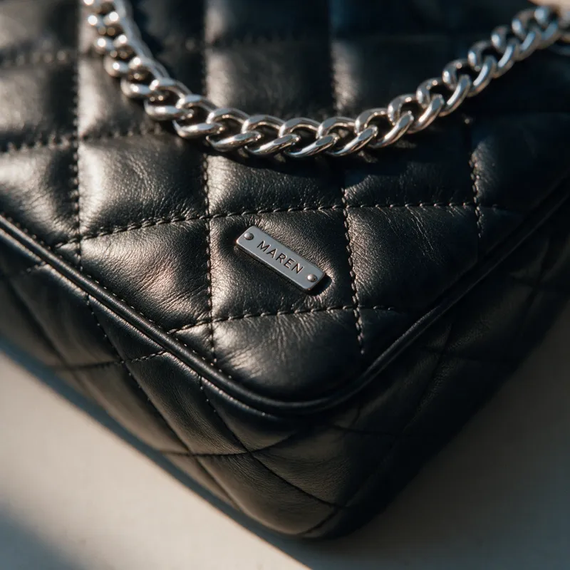 Macro of quilted leather and a Maren chain link