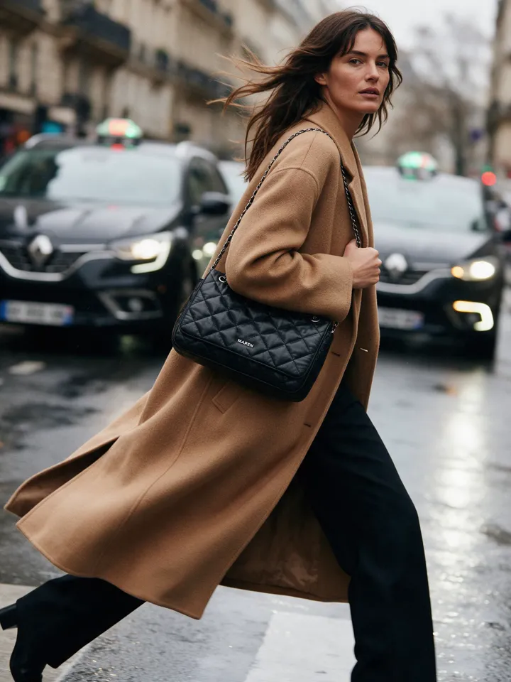 Woman crossing a rain-wet Paris street with a Maren bag