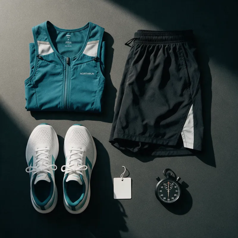 Overhead flat-lay of Northrun kit on charcoal