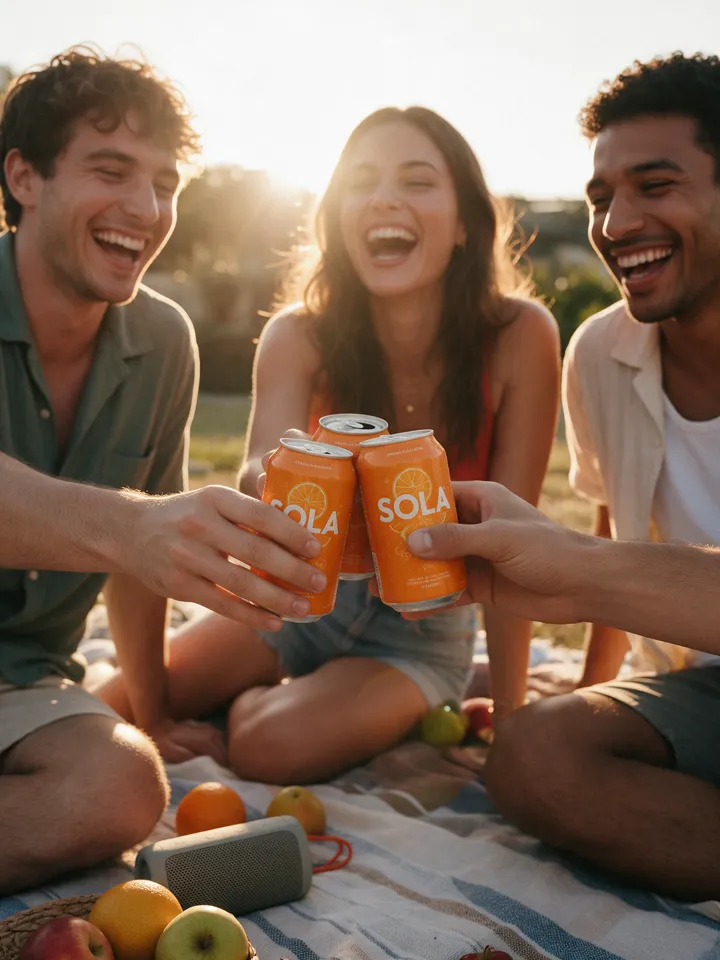 Friends clinking Sola cans at golden hour