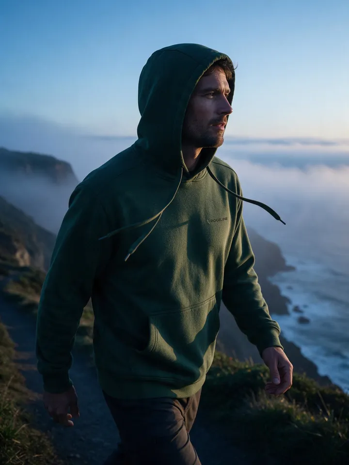 Man in a Ridgeline hoodie on a coastal cliff path at dawn