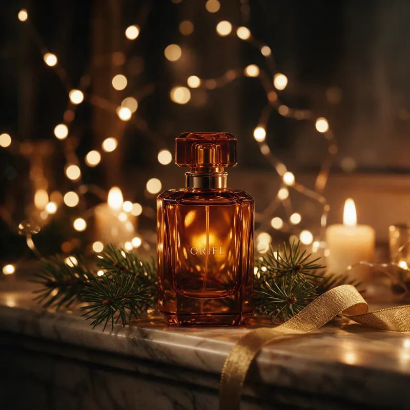 Oriel perfume with pine and string lights