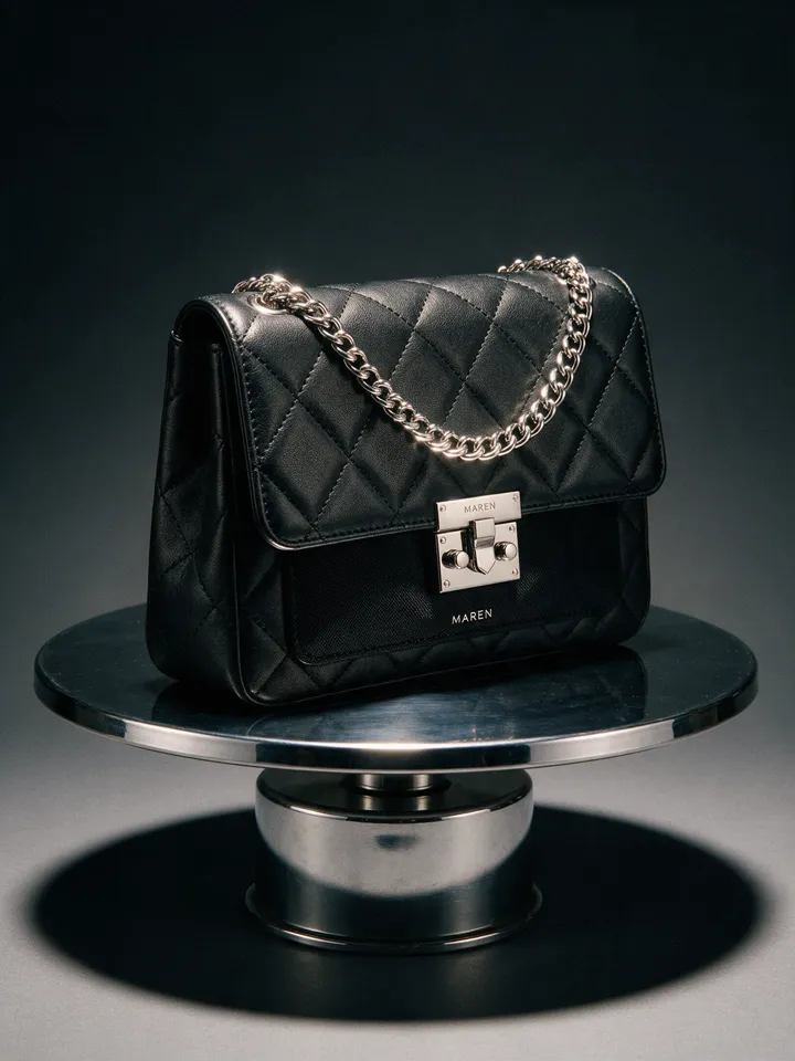Maren handbag on a chrome plinth under a hard key light