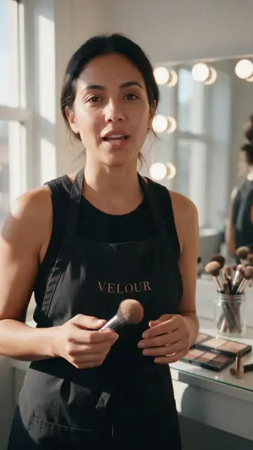 Makeup artist talking to camera in her studio at Velour Beauty Studio