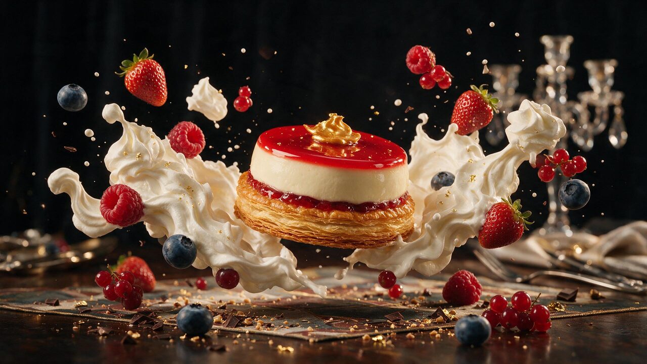a levitating gourmet dessert