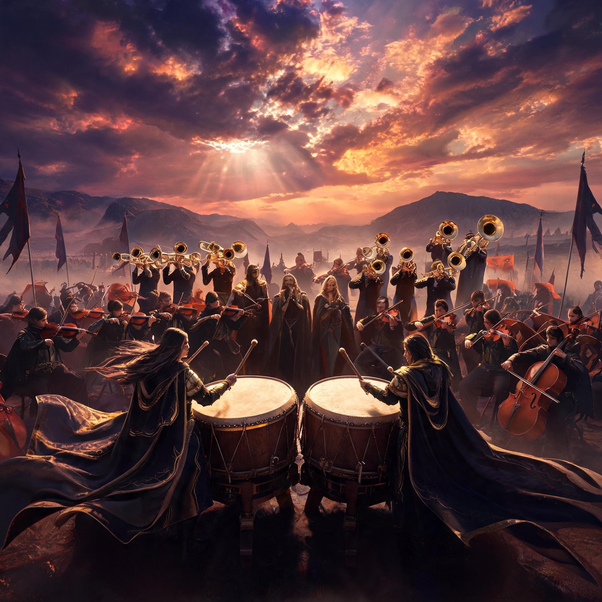 AI-generated cover art for an orchestral theme, dark storm clouds lit by brass-gold light