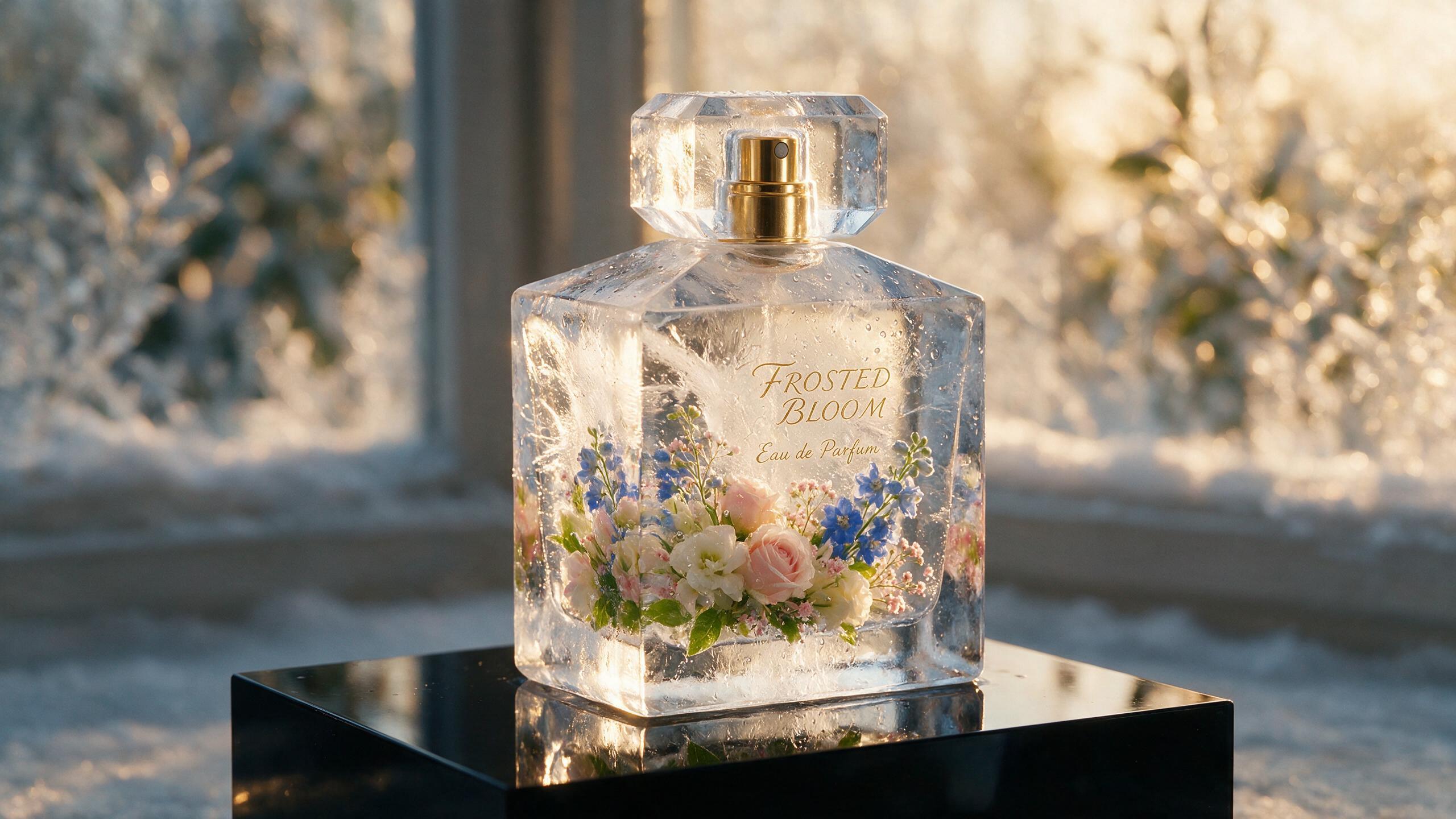 a perfume bottle carved from clear ice, frozen flowers inside, backlit on black acrylic