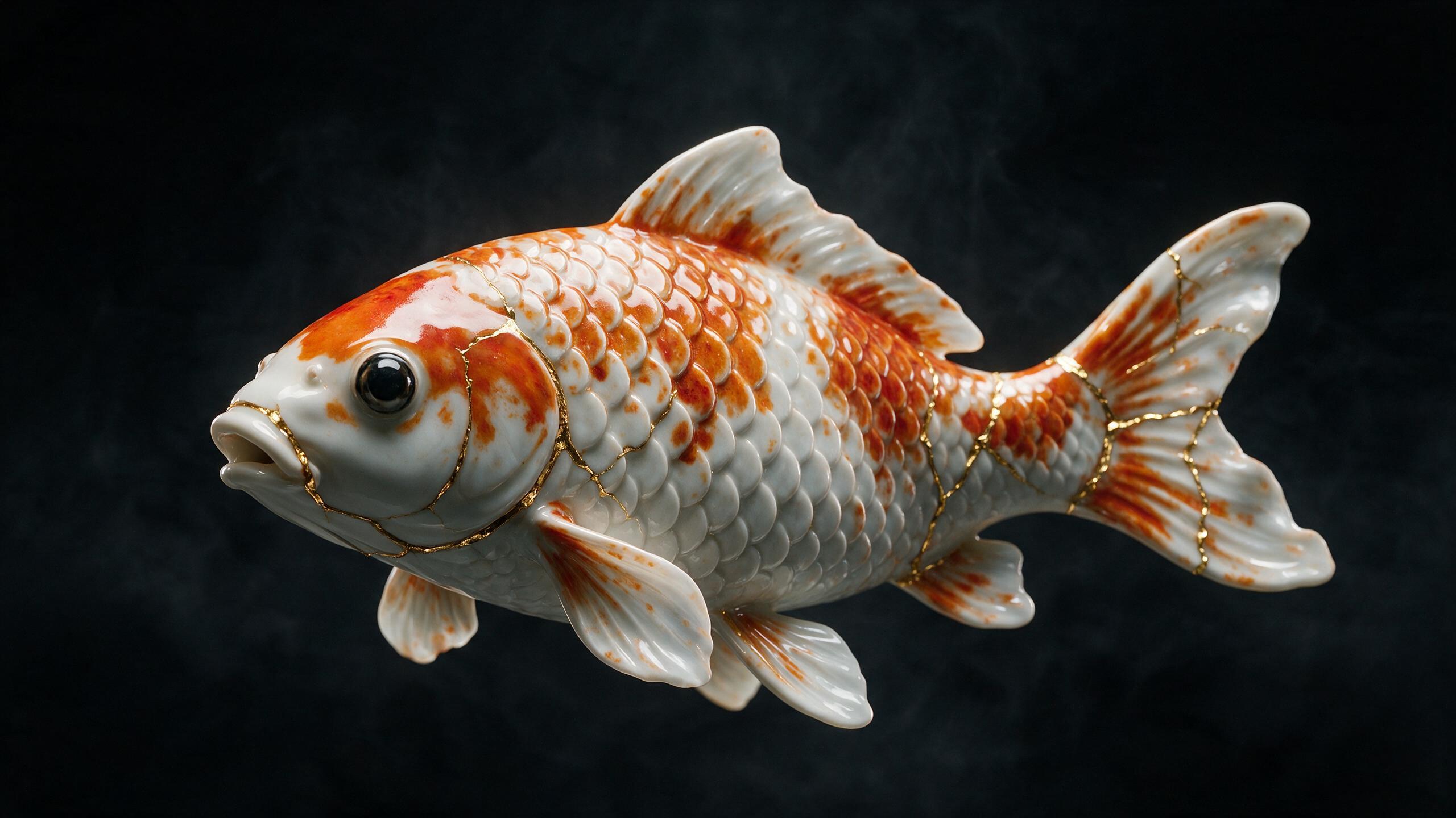 ultra-detailed porcelain koi fish sculpture with gold kintsugi seams, dramatic studio lighting