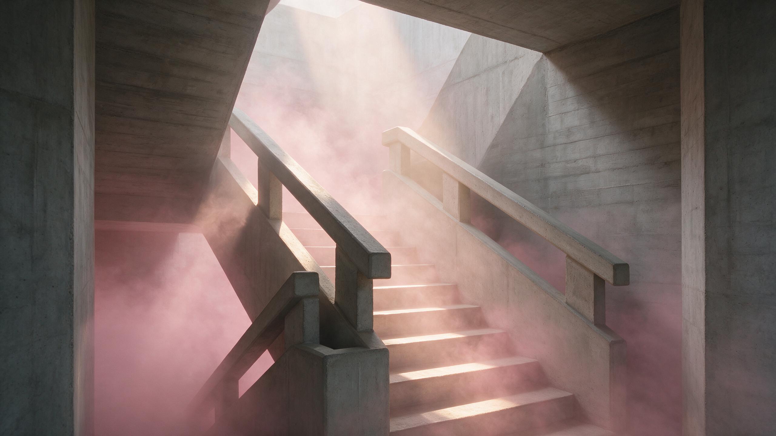 brutalist concrete stairwell flooded with pink fog, single shaft of light