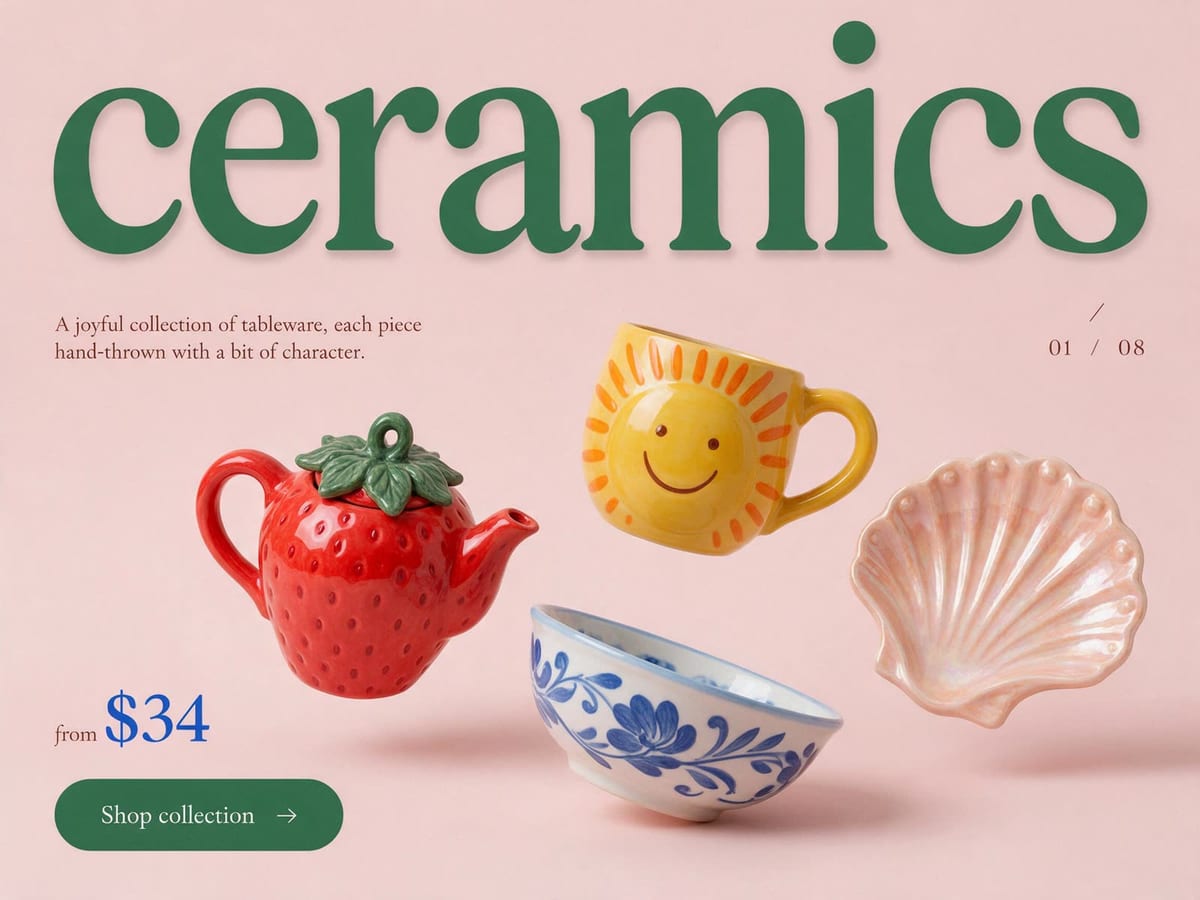 AI-generated homeware store hero: playful hand-painted tableware floating on a blush background under a serif wordmark
