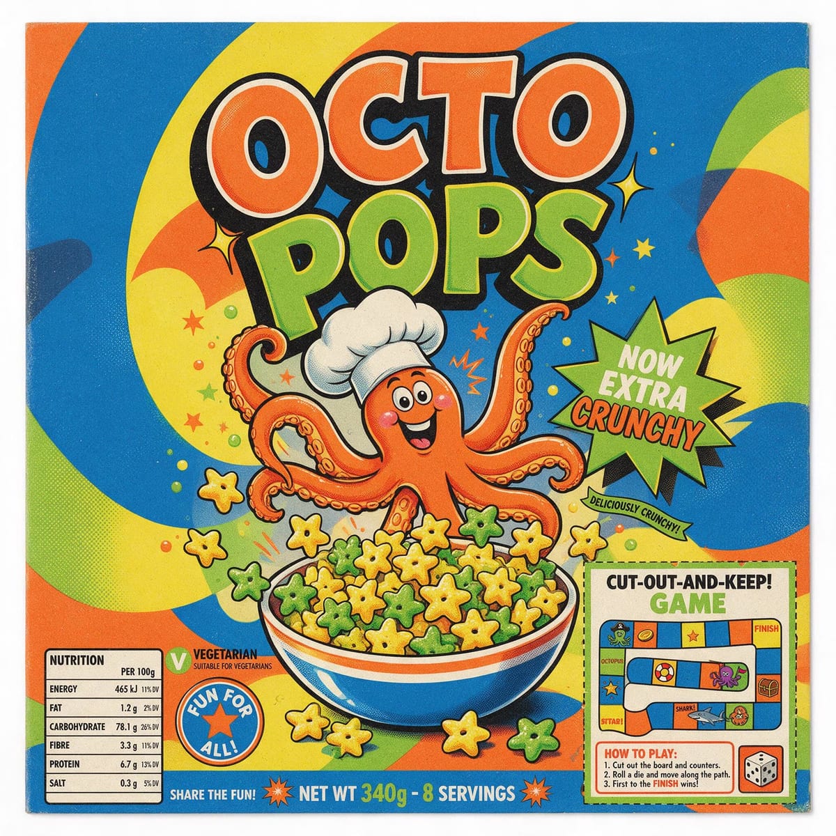 AI-generated cereal box panel: a cartoon octopus in a chef hat over a bowl of star-shaped cereal in primary colours