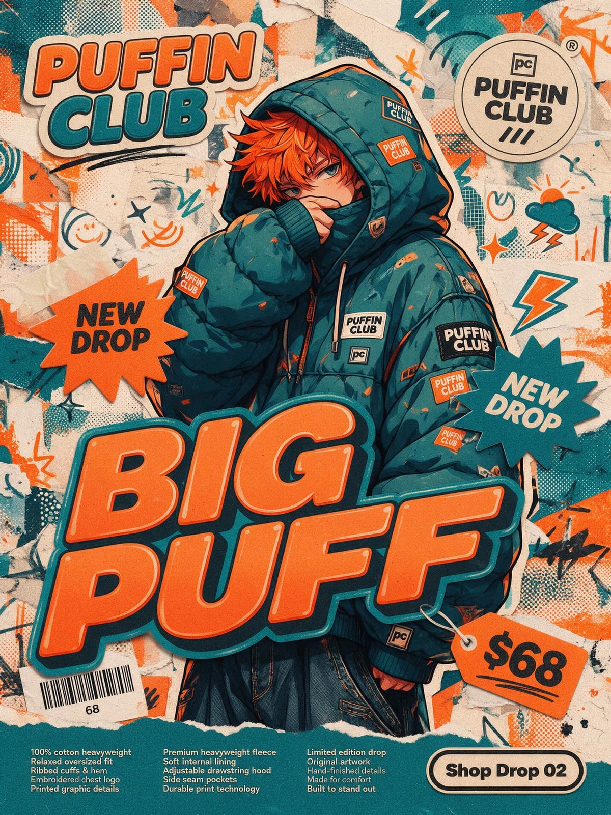 AI-generated streetwear drop poster: layered torn-paper collage in teal and orange with a cel-shaded figure in a puffer jacket