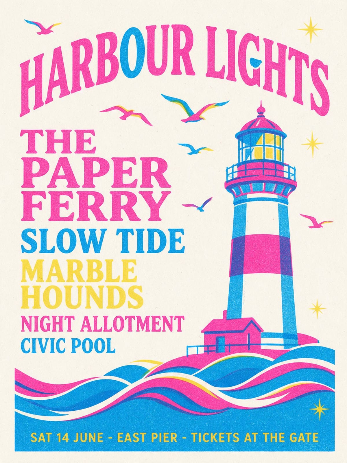 AI-generated risograph festival poster: a pink and blue lighthouse over a stacked list of band names