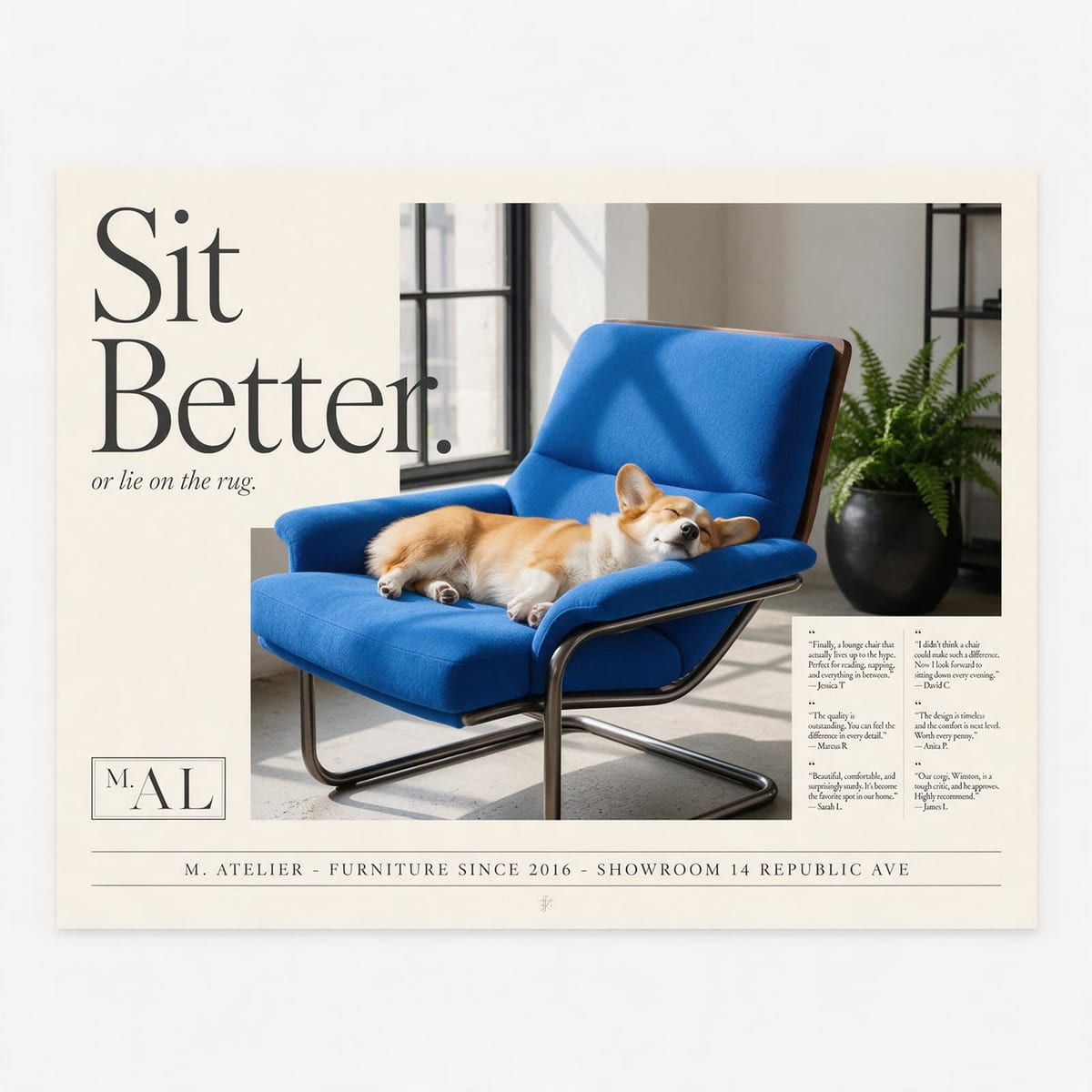 AI-generated furniture advertisement: a corgi lying on a cobalt blue lounge chair beside a serif headline